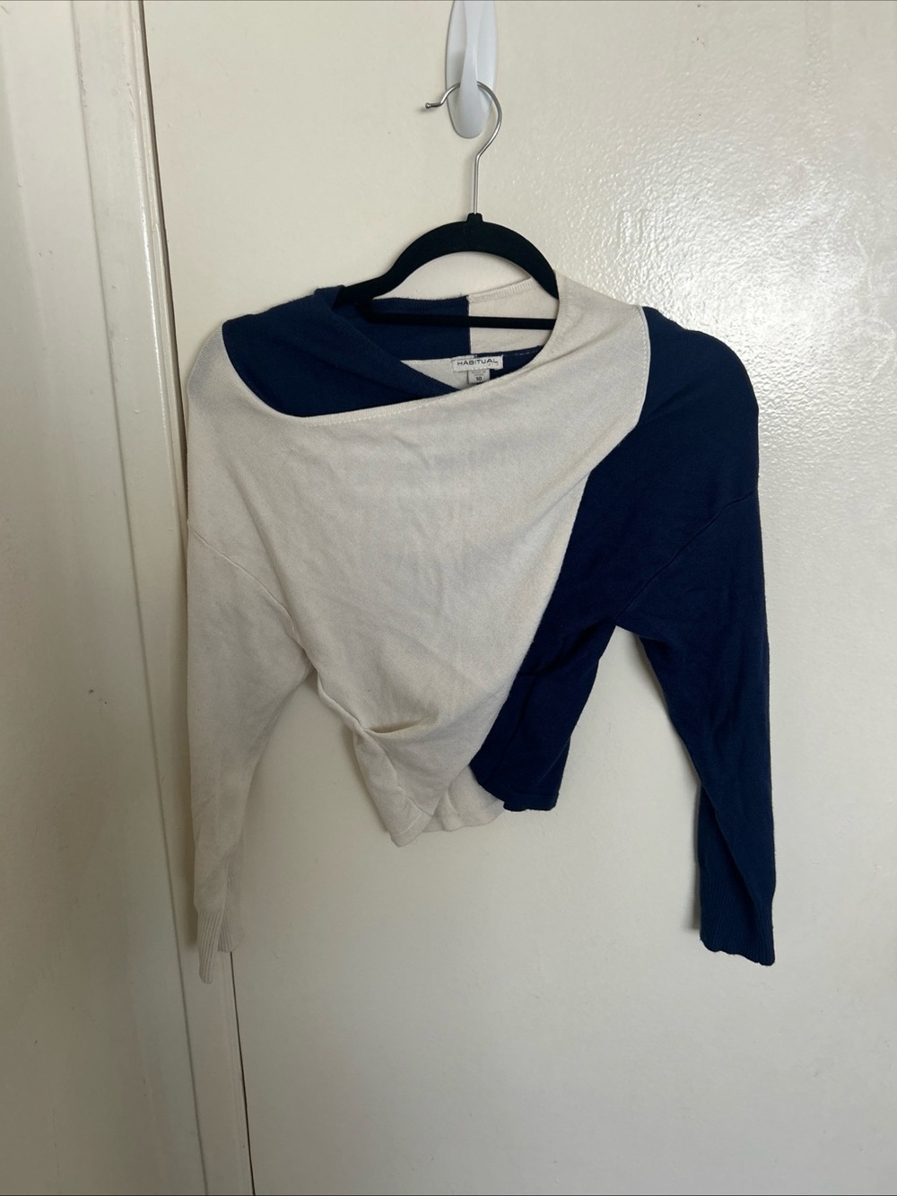 Two-Tone Navy and Cream Asymmetric Sweater